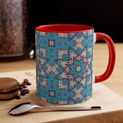 Custom quilt mug with red and blue triangle quilt art