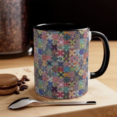 Simply Fussy quilt mug with black handle