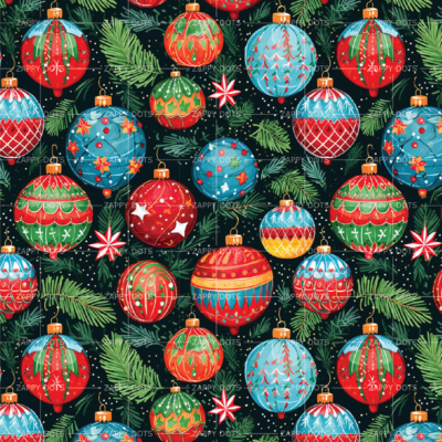 Beautiful repeating pattern of hand painted traditional colored ornate christmas ornaments and pine boughs