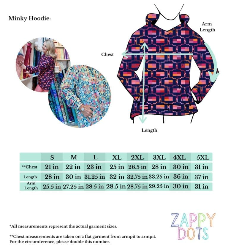 Zappy Dots Minky Hoodie size chart, S-5XL
