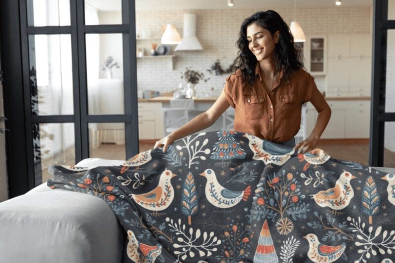 woman smoothing folk art blanket over back of couch
