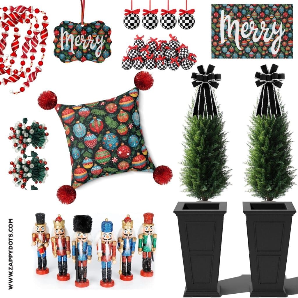 Outdoor Christmas Trees decorated with nutcrackers and red, black, and white ornaments