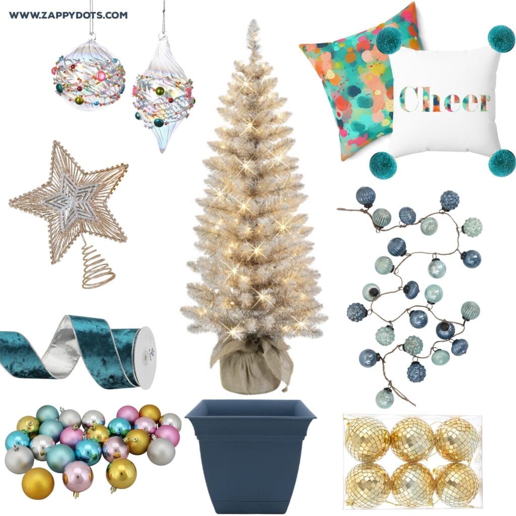 Gold foil porch tree, blue themed christmas tree decor