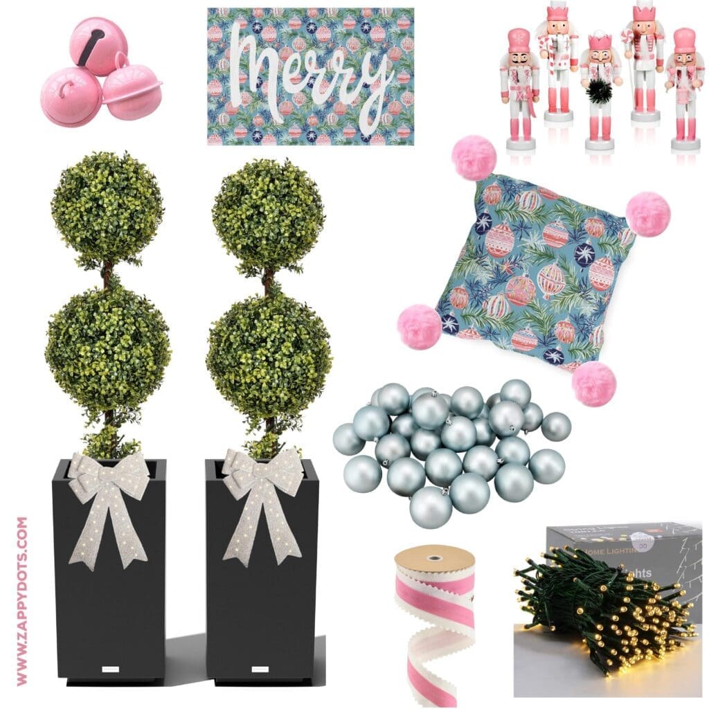 Pink lollipop tree and whimsical ornament porch decorations
