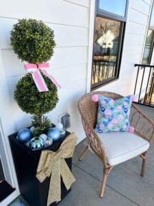 outdoor pink christmas decor and outdoor porch pillow