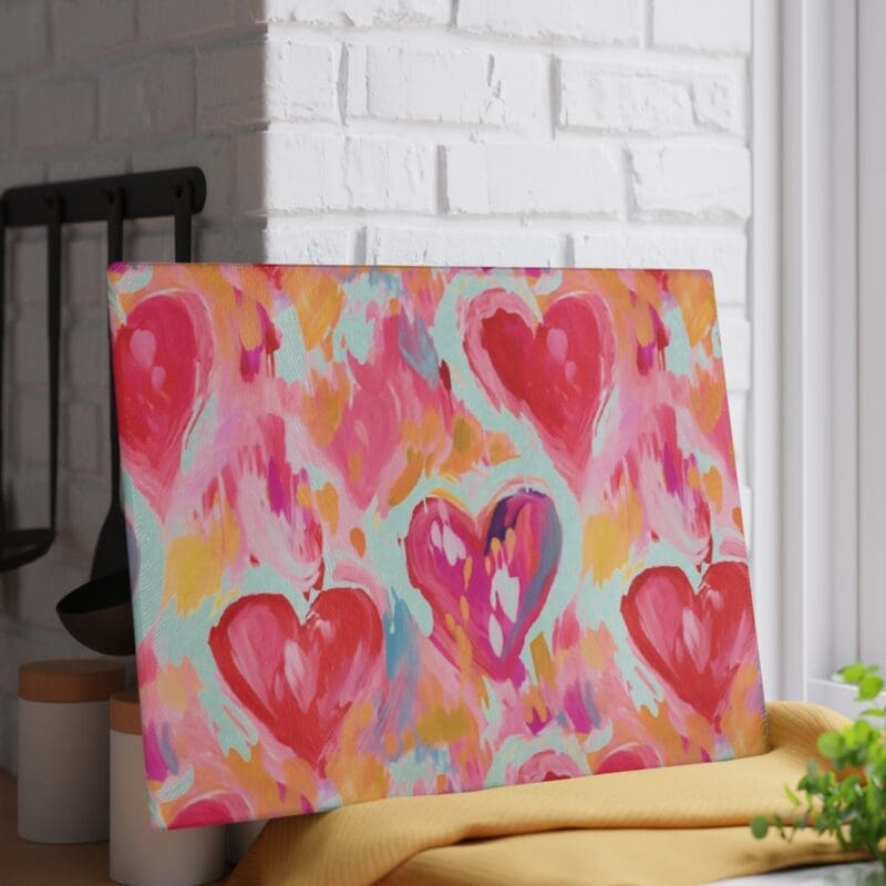 Valentine's Day glass cutting board with hand painted hearts propped up in bright kitchen