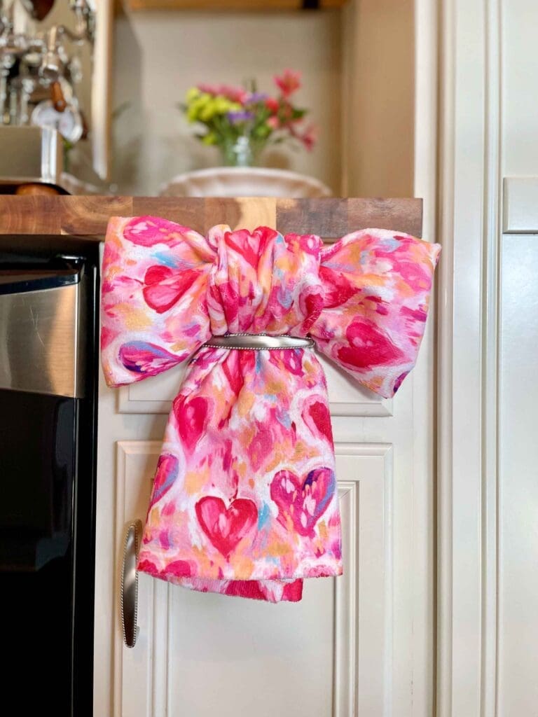 Valentine's Day dish towel bow, pink painted hearts