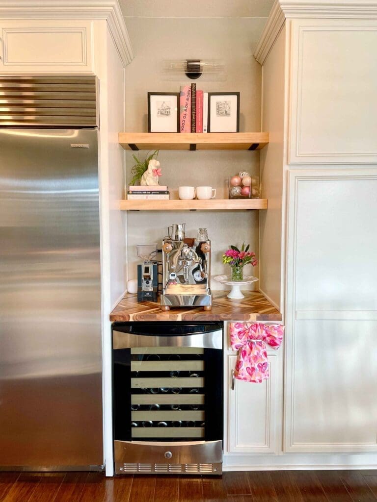 Kitchen coffee nook decorated for Valentine's Day with colorful dish towel bow