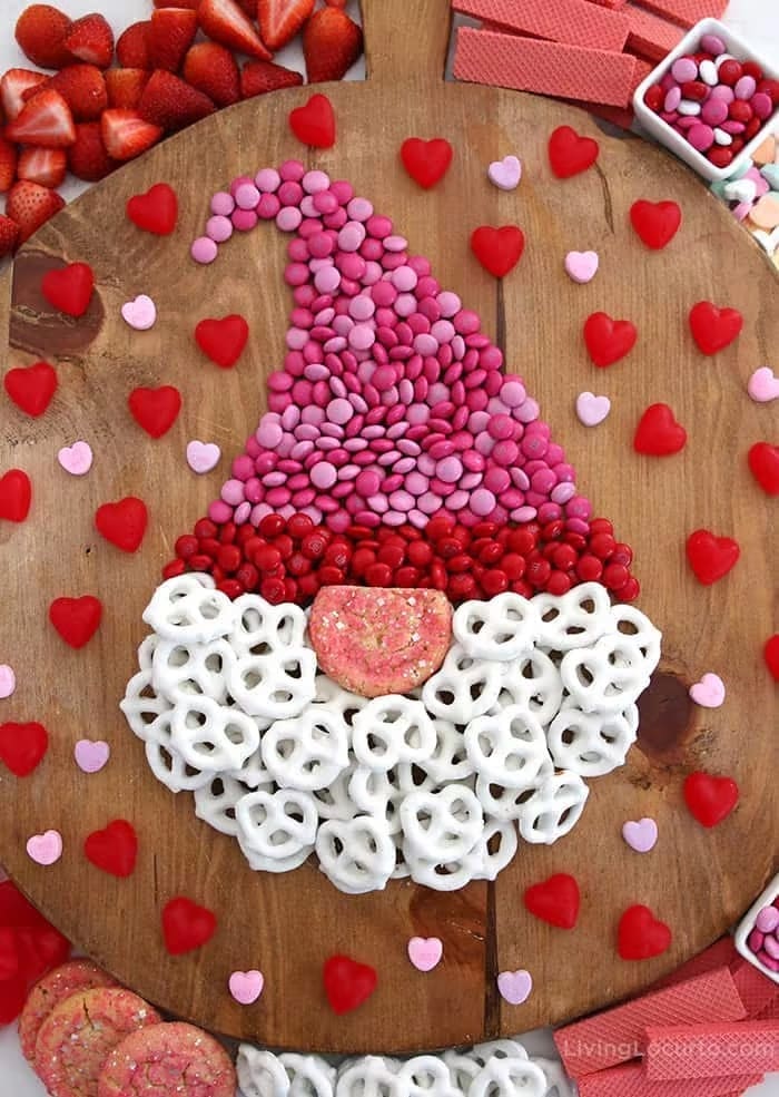 gnome valentine's dessert board, charcuterie board made of candy and sweets shaped like a gnome