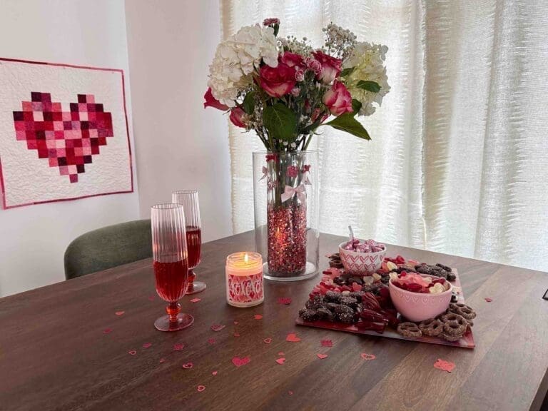 Valentine's day tablescape with confetti and a diy glitter vase