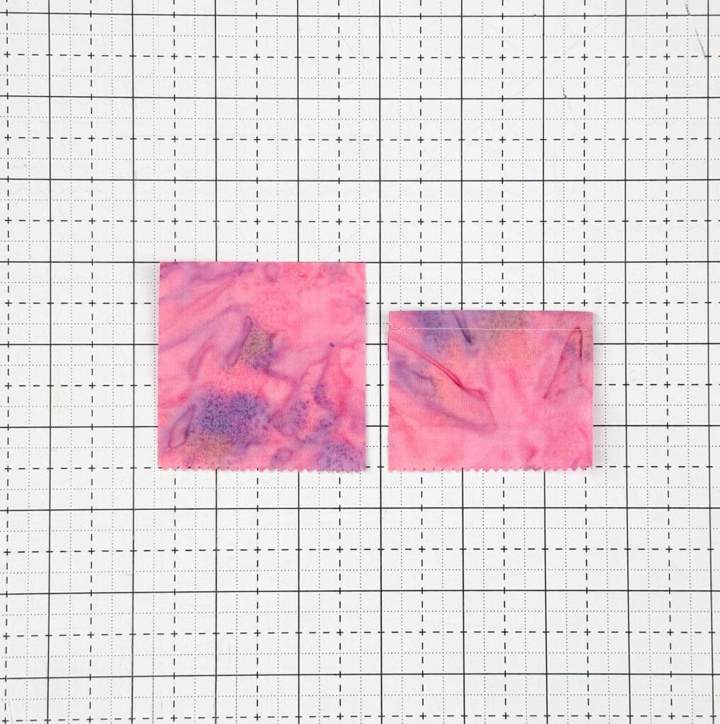 two pink fabric blocks to make pocket quilt blocks