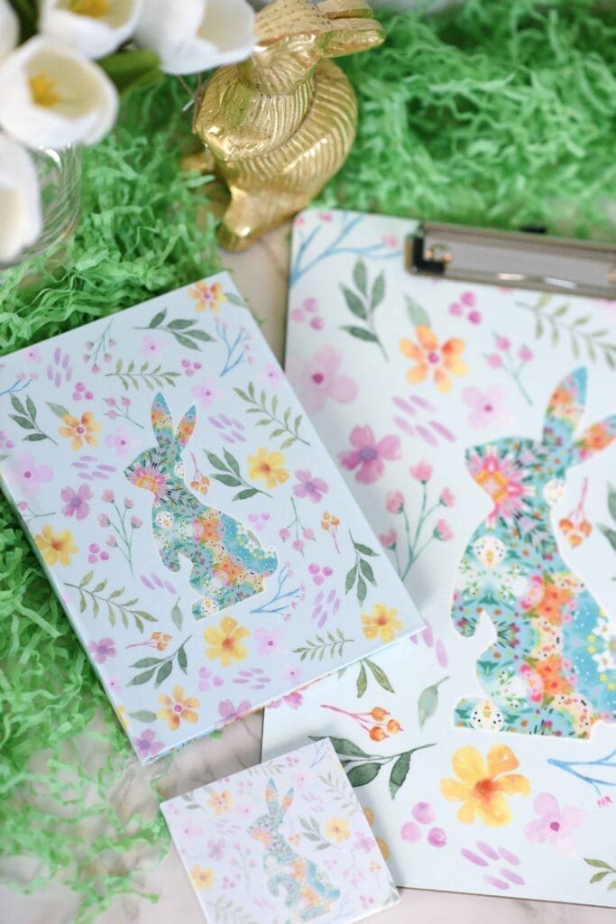 blooming bunny journal, post it notes, clip board