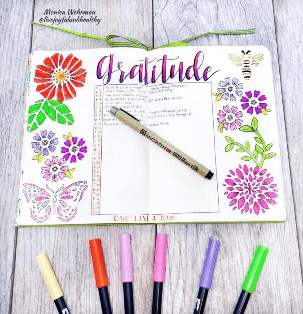 Gratitude page in a bullet journal by live joyful and healthy